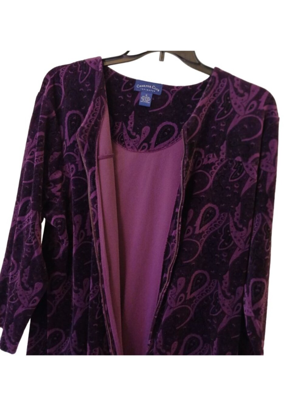 Charter Club Intimates Medium Velour Long Robe Purple Paisley Zipper #C-36 - Picture 5 of 10